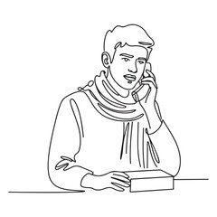 One single line Art drawing of young Arabian man wearing scarf receives complaint call from customer about broken new product. with white background