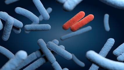Bacteria. Bacterium. Blue and red color. 3d illustration.