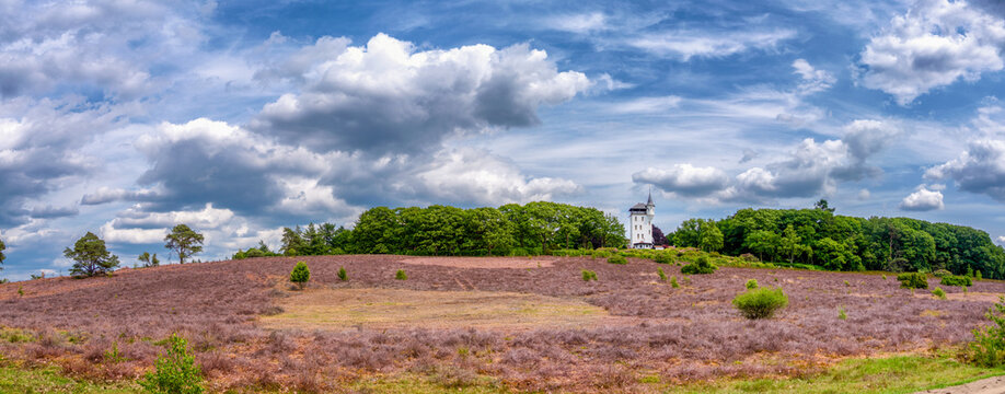 A scenic view of a country house with extraordinary architecture, surrounded by greenery atop a hill. Fluffy white clouds scatter across the vibrant blue sky, enhancing the natural beauty.