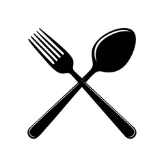 Black and white illustration of crossed fork and spoon, simple design.