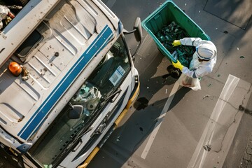 High-angle view of a sanitation worker in protective gear emptying a container of waste into a garbage truck on a city street