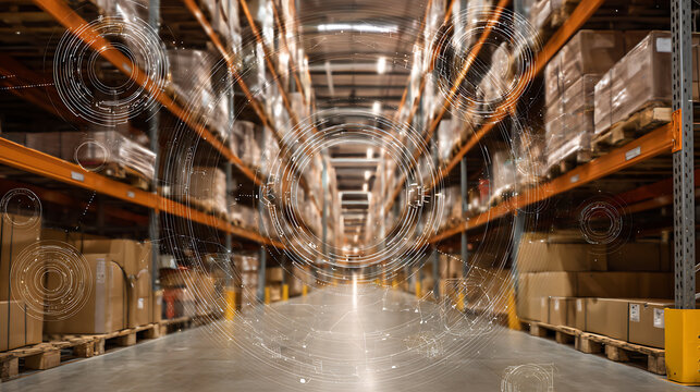 Large warehouse interior with high shelves stocked with boxes and digital overlay graphics - Powered by Adobe