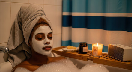 young african american woman relaxes in bubble bath with towel turban and facial mask. surrounded by lit candles, she enjoys self-care moment. spa, wellness, relaxation, lifestyle