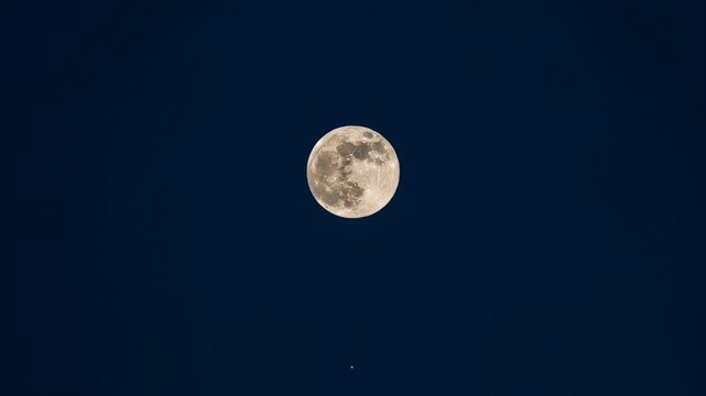 Bright full moon moving across the dark night sky with silhouetted treetops. Atmospheric natural phenomenon footage.