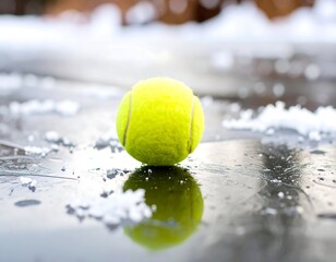 Yellow tennis ball on icy surface