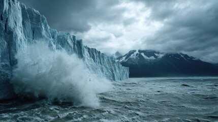 Majestic glacier collapse creates powerful waves against dramatic backdrop of dark clouds and rugged mountains. scene captures raw beauty and intensity of nature forces