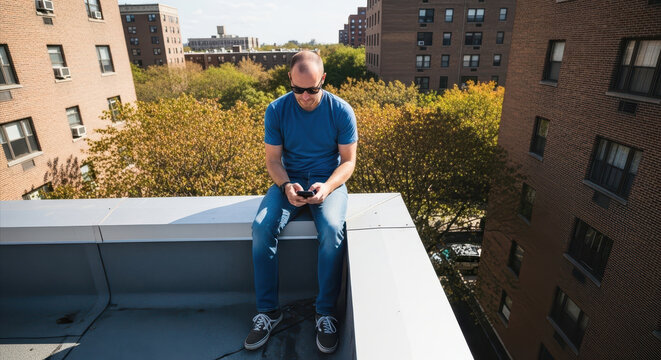 caucasian adult man in blue t-shirt and jeans sits on rooftop, focused on his phone surrounded by buildings and trees. solitude in city landscape. urban lifestyle