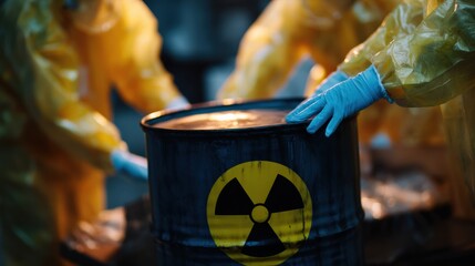 Protective suits handling hazardous materials, showcasing safety and caution in nuclear waste environment. scene emphasizes importance of safety protocols in dangerous situations