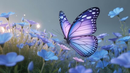 Beautiful purple and blue butterfly in a field of delicate blue flowers