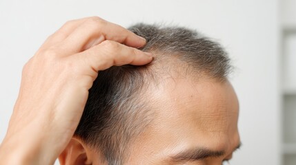 Fototapeta premium Close up view of man examining his thinning hairline, showcasing gray hair and scalp. image captures moment of concern about hair loss, reflecting emotional impact of aging