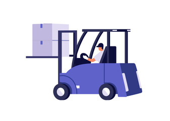Storage worker lifts cargos, carries boxes and loads packages with forklift. Loader is shipping, works on lifter truck in logistic service. Flat isolated vector illustration on white background
