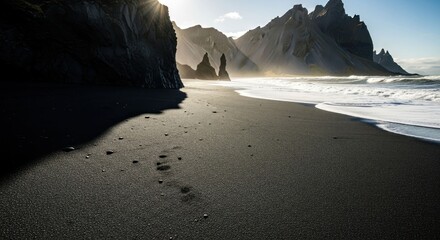 Black sand beach, dramatic mountains, sunlit waves