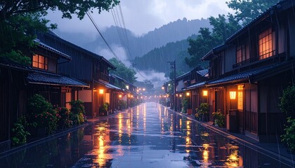 Naklejka premium Generated image 雨に濡れた日本の伝統的な街並みが灯りに照らされ幻想的に輝く風景
