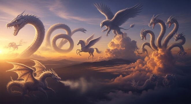 Mythical creatures populate clouds amidst golden sunset. Epic scale fantasy scene