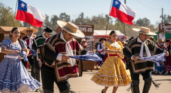traditional chilean dancers in colorful costumes perform cueca at outdoor festival. two flags wave in background. national celebration, cultural event, performance. travel, chile independence day