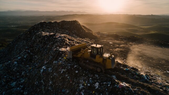 Aerial view of bulldozer working on landfill, surrounded by large pile of trash under sunset sky. scene captures contrast between nature and waste management, evoking sense of responsibility - Powered by Adobe