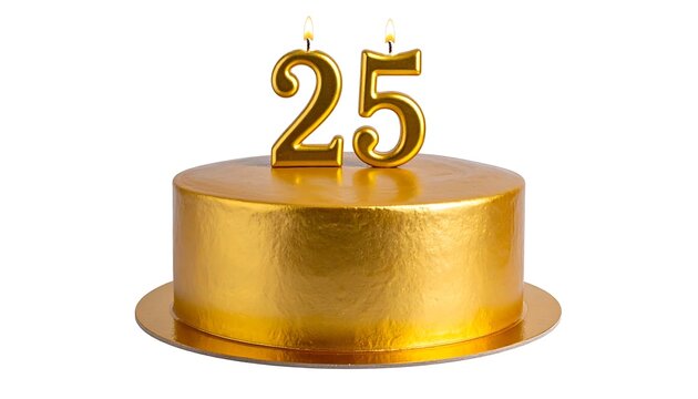 Festive Golden 25th Birthday Cake with Lit Candles, Elegant Twenty-Fifth Anniversary Celebration Cake with Shimmering Gold Decor