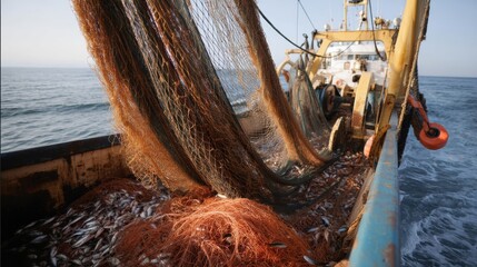 Fishing trawler pulling large nets filled with dead fish, showcasing impact of overfishing on marine life. scene captures harsh reality of commercial fishing practices