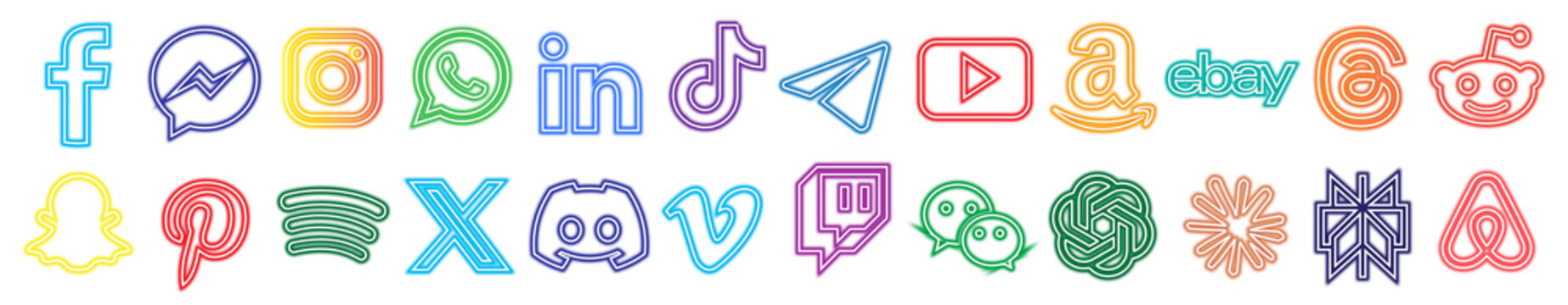 Neon glow Social media icon set or logo Facebook, Amazon, eBay, Airbnb, Claude, Perplexity, ChatGPT, Twitter, X, Instagram, YouTube, Pinterest, WhatsApp, LinkedIn, TikTok, Reddit, neon PNG stroke art