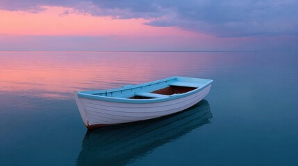 Naklejka premium Serene White Boat Floating on Calm Waters at Sunset with Colorful Sky Reflections in Beautiful Landscape Photography