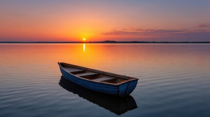 Naklejka premium Serene Sunrise Over Calm Waters with a Small Boat on the Horizon in Tranquil Landscape Scene