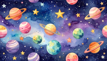 Colorful planets and stars in a watercolor galaxy