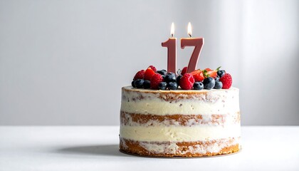 A delicious naked cake with the number 17 candles and berries, perfect for a birthday celebration, A beautiful birthday cake decorated with fresh berries and candles marking the 17th birthday