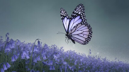Monarch butterfly in flight over a field of purple flowers