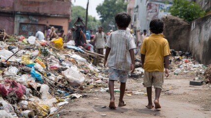 Children walking barefoot in slum alley filled with trash, surrounded by litter and debris, showcasing harsh living conditions and resilience of youth in urban environments
