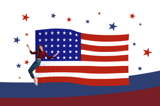 Composite collage image of funny girl dance flag national independence america day fourth july concept weird freak bizarre unusual fantasy