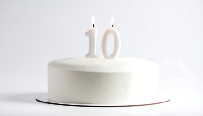 A simple white cake for a 10th birthday celebration, featuring number-shaped candles,A minimalist celebration: A pristine white cake adorned with "10" candles, radiating joy