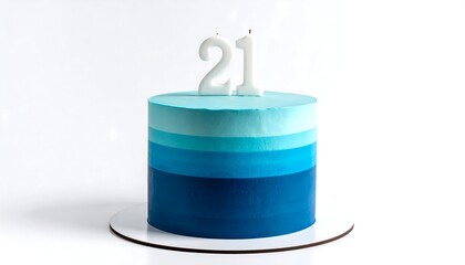 A beautifully decorated cake for a 21st birthday, featuring ombre blue frosting and celebratory candles, A stunning 21st birthday cake adorned with ombre blue frosting and elegant candles