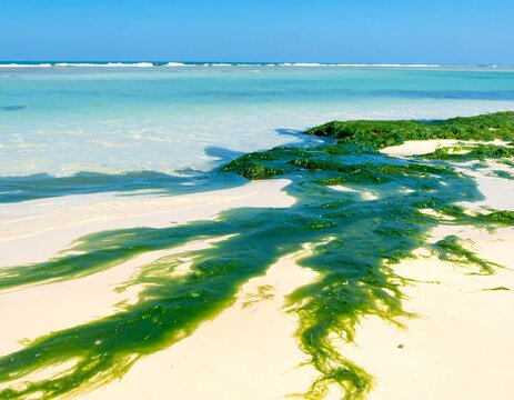 Tropical beach with seaweed