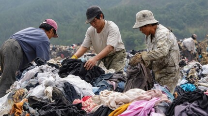 Workers sort through mountains of unsold clothing vast landscape, showcasing effort and dedication involved managing textile waste. scene reflects challenges of sustainability and recycling