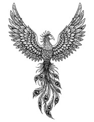 Obraz premium Majestic Phoenix bird with detailed wings and tail soaring gracefully, representing rebirth and transformation, perfect for artistic designs. coloring page