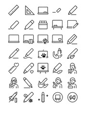 Comprehensive set of thin line icons representing school supplies, e-learning, and creative drawing tools for educational web and graphic design projects