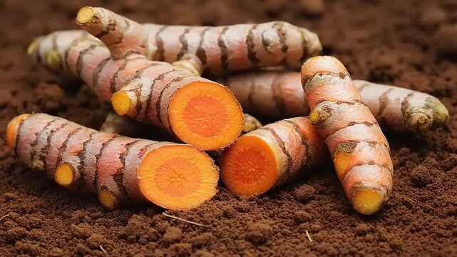 Cut turmeric rhizomes lying on brown soil, orange inside