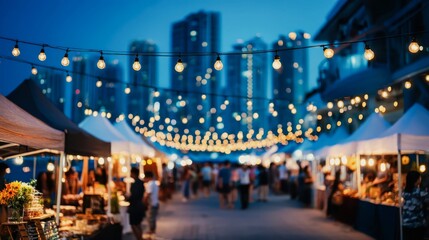 A busy city street with a large crowd of people and a lot of lights. The lights are on and the atmosphere is lively