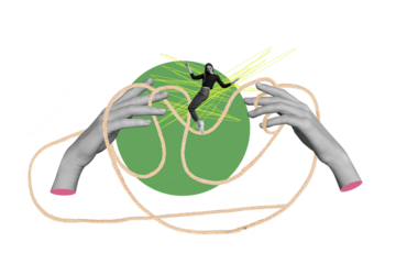 Composite photo collage of happy stylish funky girl dance rope knot stand tip toe hand hold string leisure isolated on painted background