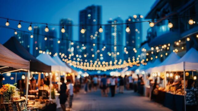 A busy city street with a large crowd of people and a lot of lights. The lights are on and the atmosphere is lively