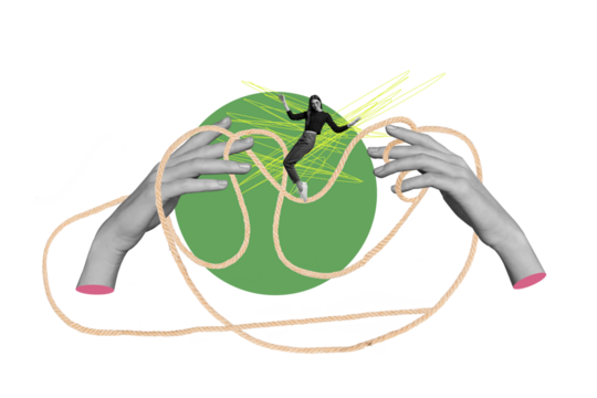 Composite photo collage of happy stylish funky girl dance rope knot stand tip toe hand hold string leisure isolated on painted background - Powered by Adobe