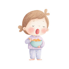 Cute Watercolor Girl Eating Cereal Child Breakfast Illustration.