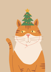 Holiday card with a funny ginger cat with a Christmas tree on his head. Vector illustration in a flat style with space for text.