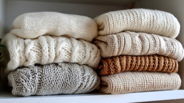 Cozy knitted sweaters arranged neatly on a shelf for a warm and inviting display
