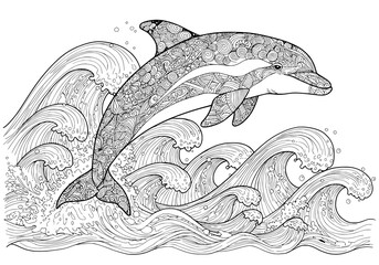 Zentangle Dolphin Leaping from Waves Coloring Page