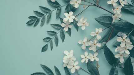 White flowers and green leaves arranged on blue background for decoration