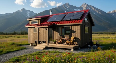 A charming tiny home with solar panels sits nestled in a meadow, overlooking a backdrop of majestic mountains.