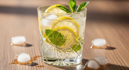 Fototapeta premium A refreshing beverage of lemon slices, mint leaves, and ice cubes in a cut-glass tumbler, sits on a wood surface, with melting ice around it, bathed in sunlight