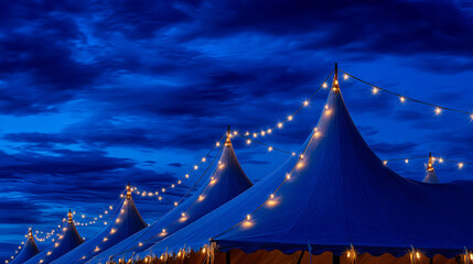 Night tents with pointed peaks adorned with warm glowing string lights under a dramatic deep blue cloudy sky. The scene conveys a cozy, festive outdoor atmosphere with enchanting lighting.