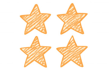 Obraz premium Four playful orange doodle stars representing ratings, floating on transparent backdrop, conveying feedback or review concept